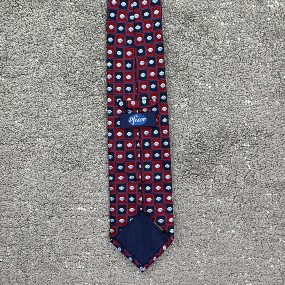 Pfizer 100% Silk Tie Red Navy Logo Pharmaceutical Drug Rep Medical Promo